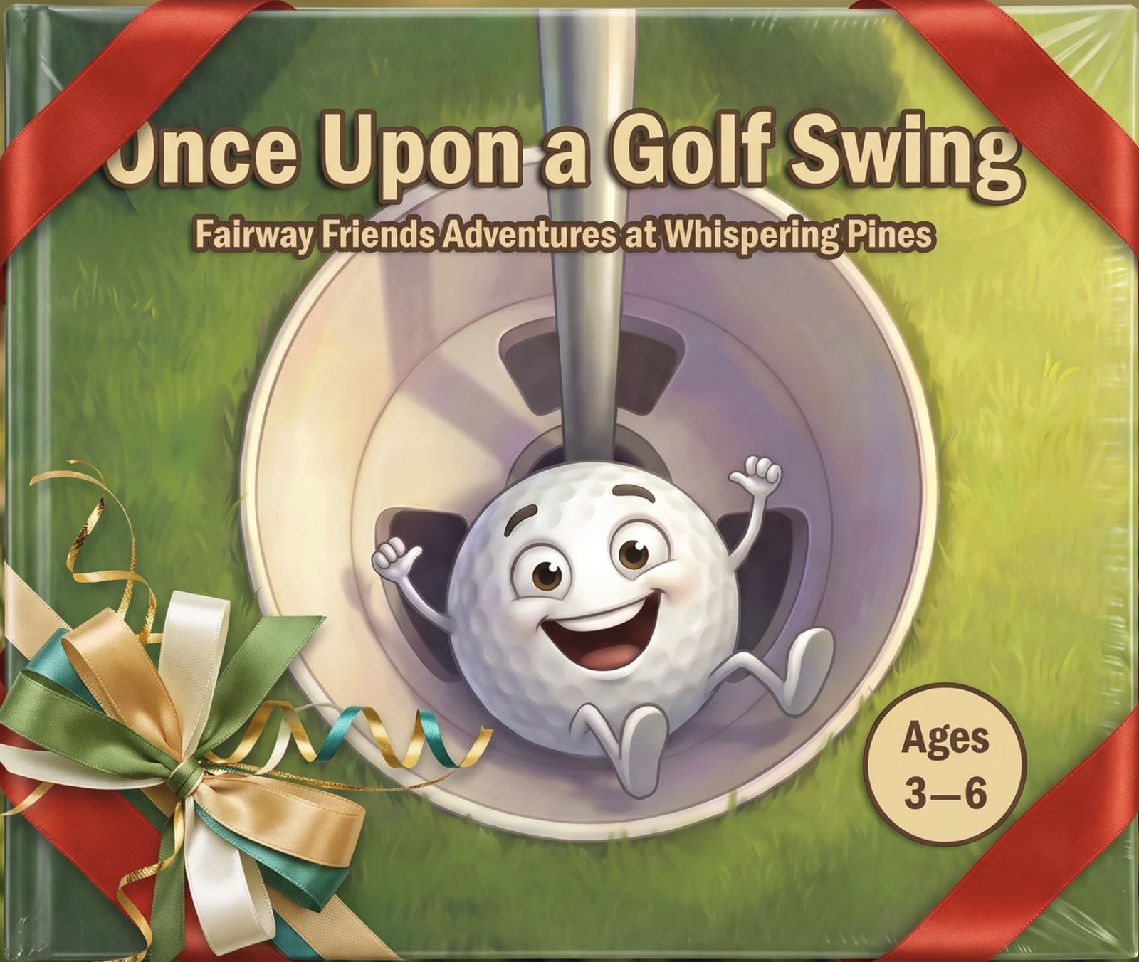 The Once Upon a Golf Swing hardcover, gift-wrapped with red ribbon and a festive bow