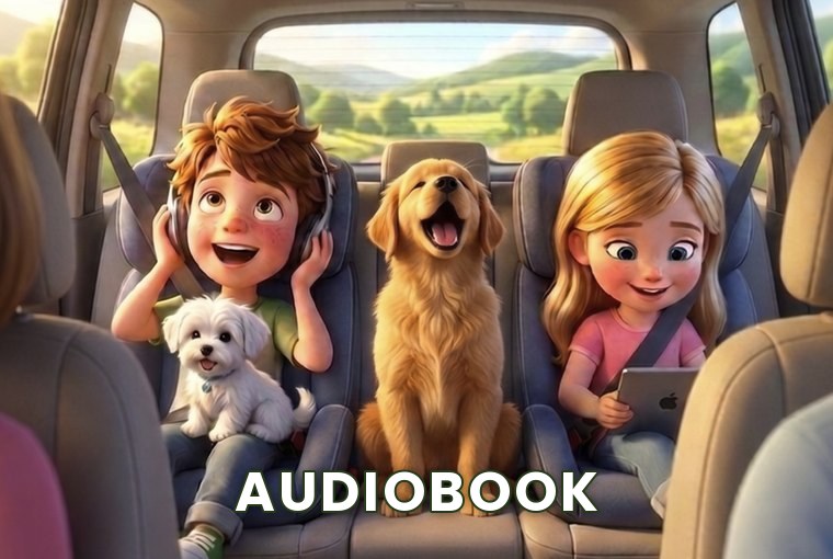 A family road trip: kids and dogs listening in the car