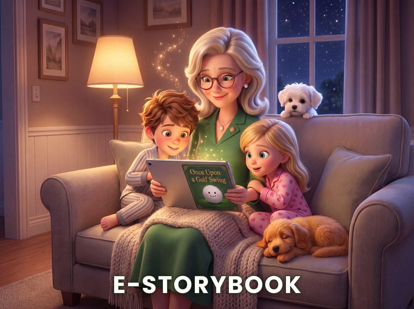 Read-Along E-Storybook, grandma reads to two children and their dog