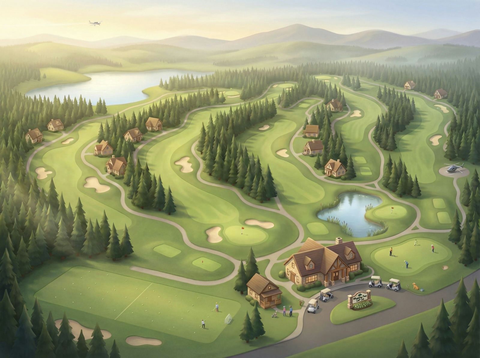 Whispering Pines Golf Club from the air: the clubhouse, the practice range, the lake and nine holes winding through the pines