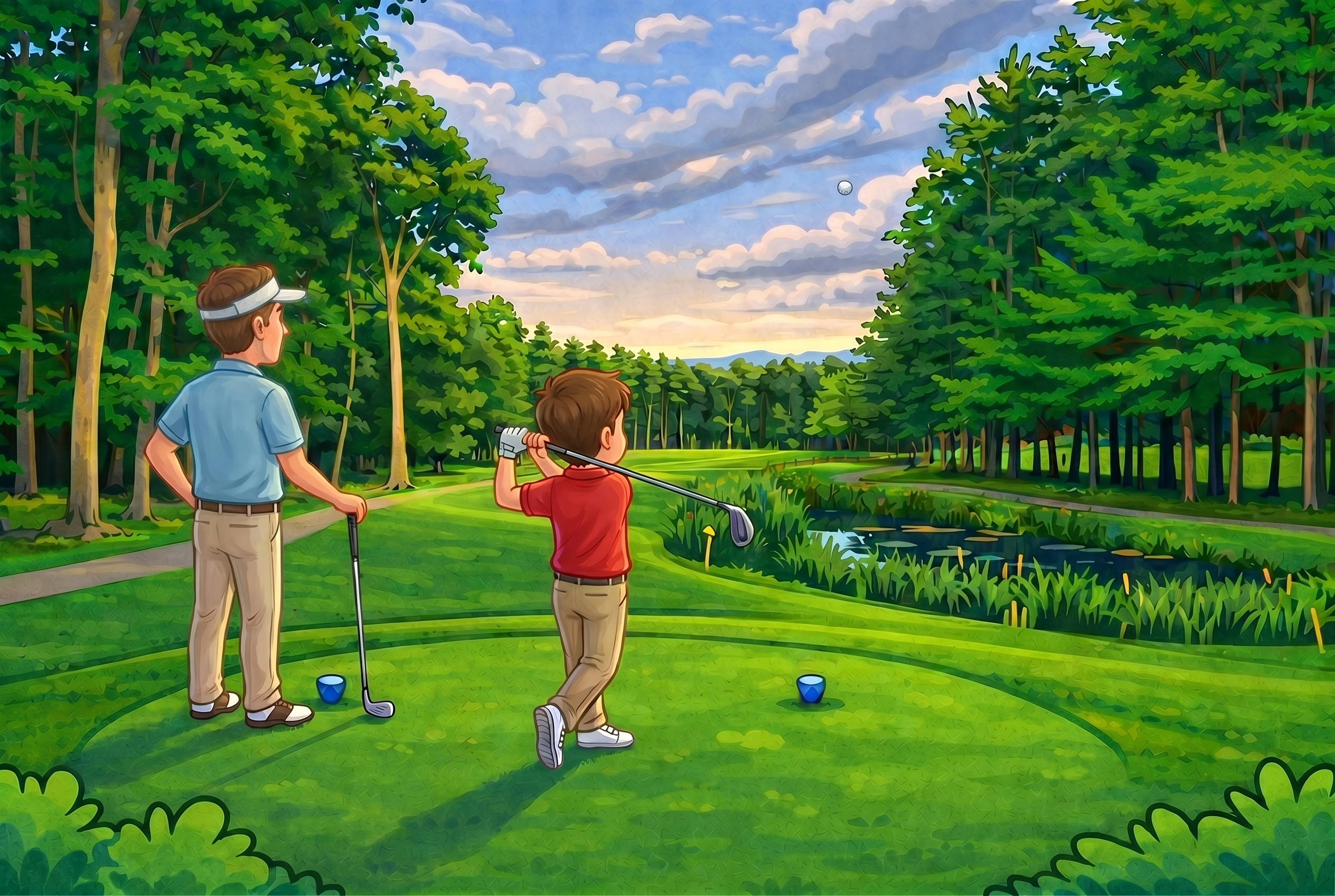 Two young golfers at the tee box at sunset