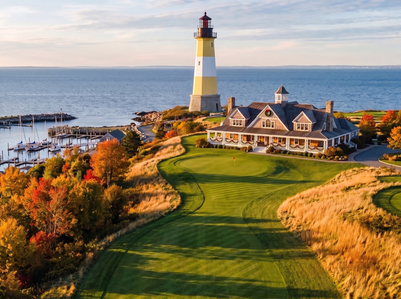 Harborlight Links Golf Club at Cape St. Nicholas &mdash; the lighthouse and the shingled clubhouse above the home green, the marina below and autumn colour along the shore