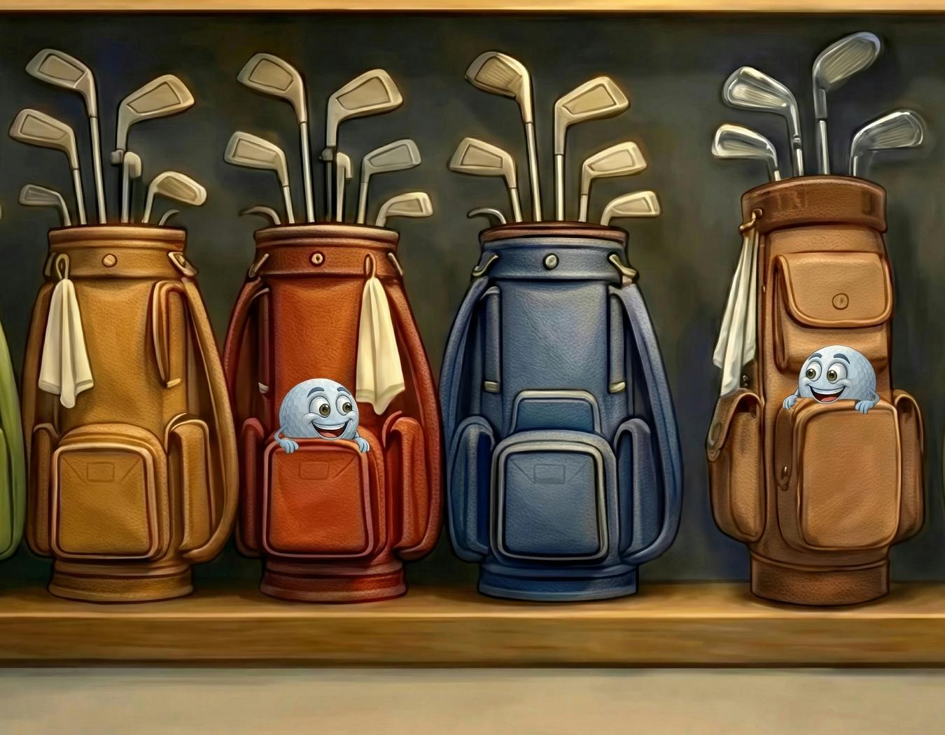 Fairway Friends peeking out from the golf bags