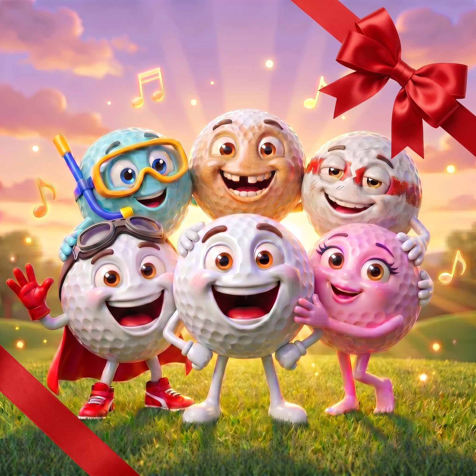 The Fairway Friends singing together at sunset, wrapped with a red ribbon and bow